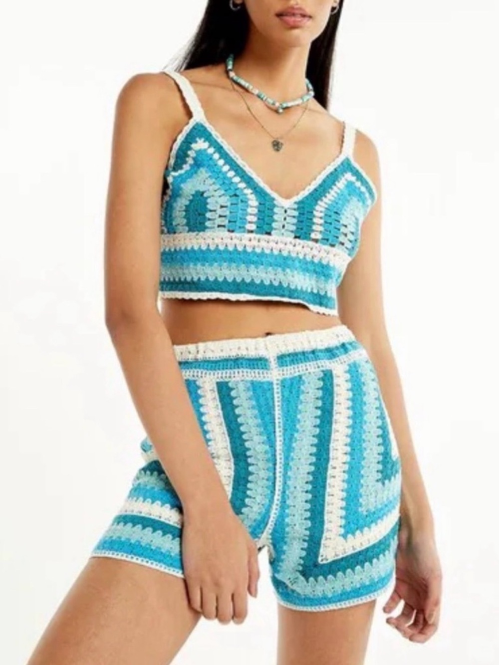 Rebellion Again Blue Crochet Crop Top and Shorts Set size small